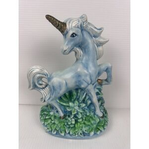 Vintage Blue Ceramic Unicorn Figurine Hand Painted Fantasy Decor 1990s